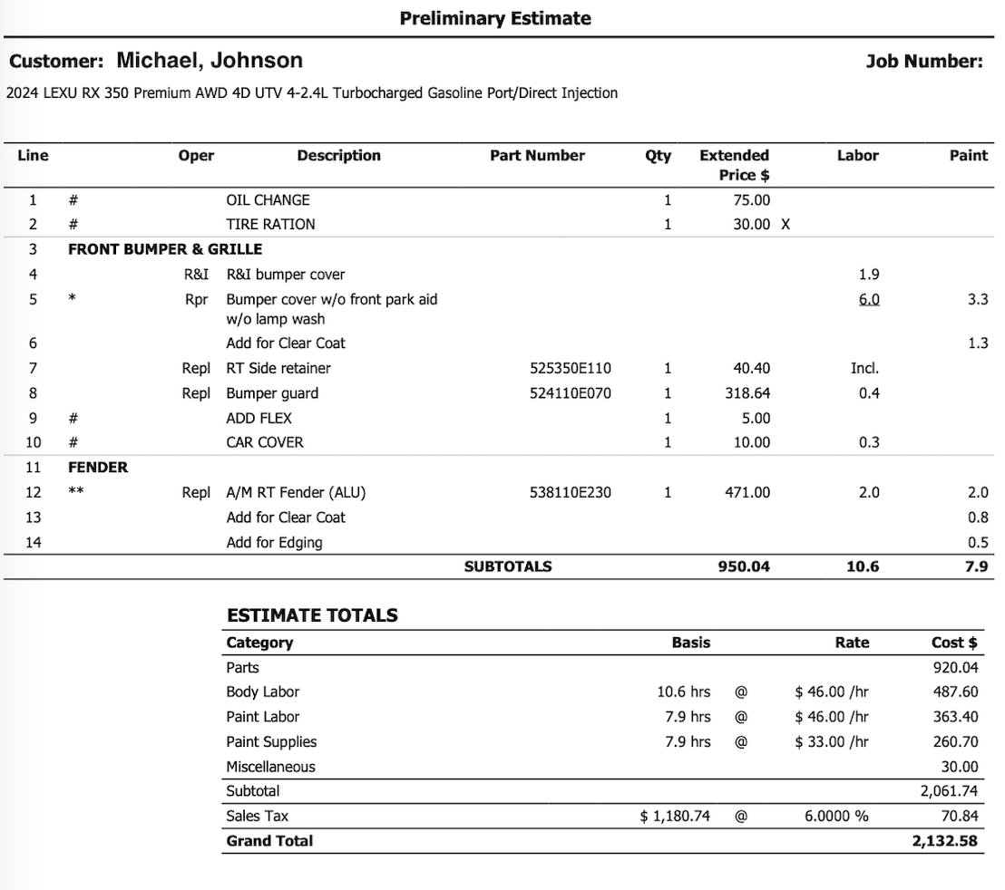 Drop your CCC repair order PDF (mock data shown)